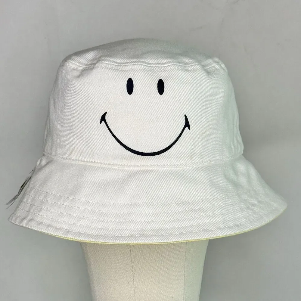 AMERICAN EAGLE Reversible Smiley Face Bucket Hat Sz O/S Yellow White Summer